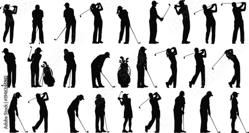 Golf player silhouettes set, professional golfer swing poses, isolated black vector collection, sports people flat illustration on white background bundle