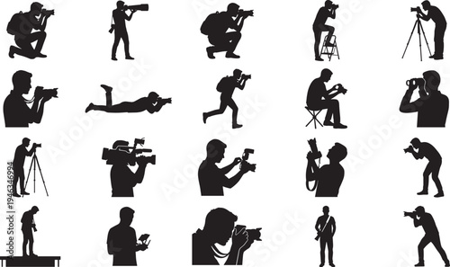 Photographer and videographer silhouette collection, camera operator shooting poses, media production photography vector illustration set