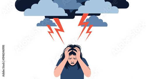 Young woman experiencing intense mental stress and anxiety depicted by storm clouds and lightning bolts flashing over her troubled head.