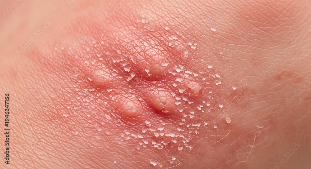 Fototapeta premium Close up of a cluster of small blisters on reddened skin indicating a skin infection or rash.