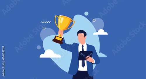 Successful businessman or professional gamer proudly holding a golden trophy and a gaming controller against a blue abstract background.