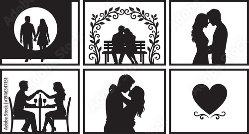 Romantic couple silhouette collection, love relationship scenes, dating dinner kiss bench heart black vector illustration set