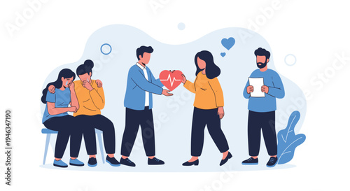 Group of compassionate people offering emotional support and empathy to others by sharing a glowing heart symbol in a comforting environment.