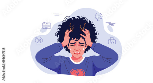 Young girl with curly hair crying and holding her head in distress while surrounded by various icons representing mental health struggles.