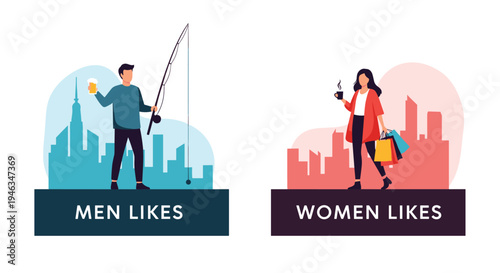 Conceptual illustration comparing different hobbies and interests typically associated with men and women in modern urban city environments.