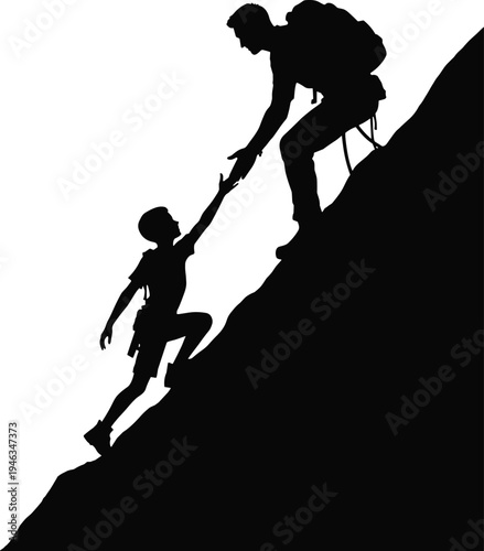 Black silhouette of a man helping a child climb a steep mountain peak representing teamwork support mentorship and success during a challenging outdoor adventure journey