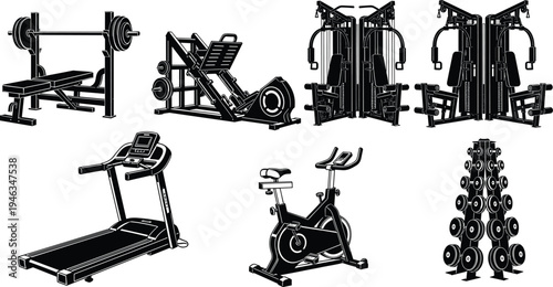 Black and white icons of professional gym equipment including treadmill, stationary bike, weight bench, leg press, multi-gym cable machine, and dumbbell rack on white background.
