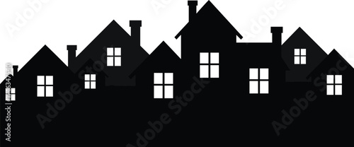 Black silhouette of a residential neighborhood with various house shapes and rooflines representing suburban living real estate development community housing and architectural street view property
