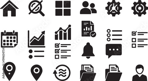 A collection of diverse solid black glyph icons representing various concepts like home settings data and more high-quality professional detailed