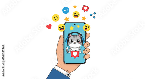 Person holding a smartphone that displays a cute cartoon cat wearing headphones surrounded by various colorful social media like icons.