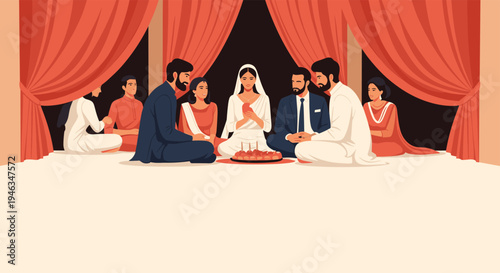 Beautiful traditional South Asian wedding ceremony featuring a bride and groom surrounded by family members under red curtains at a venue.