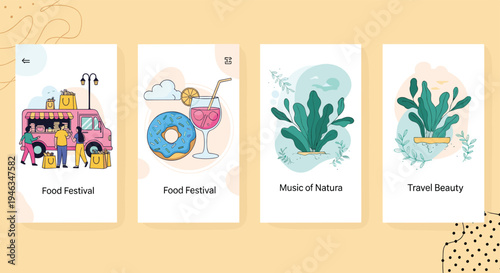 Mobile app user interface screens showcasing various lifestyle categories like food festivals, nature music, and travel beauty photography.