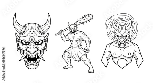 Oni Demons Traditional Japanese Mask and Warrior Set