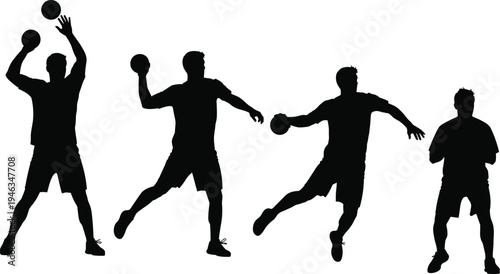 Handball player silhouette set, male athlete throwing ball action poses, cad drawing flat vector illustration isolated on white background