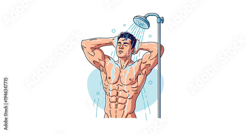 Fit and muscular man with a defined physique enjoying a refreshing shower with water pouring down on his head in a minimalist setting.