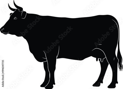 Solid black silhouette of a standing dairy cow with horns isolated on a white background, perfect for farm animal graphics and agricultural branding designs.