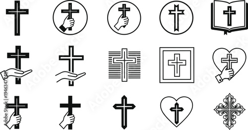 Black christian cross icons set featuring hands holding crosses, holy bible, heart shapes, and decorative religious symbols isolated on a white background.