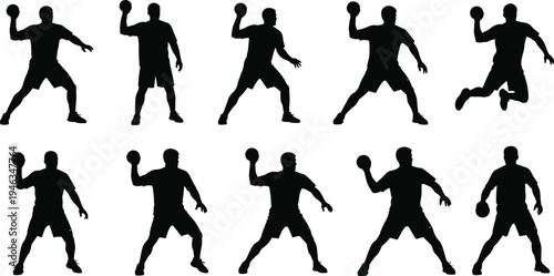 Handball player silhouettes set, male athlete throwing ball action poses black vector illustration isolated on white