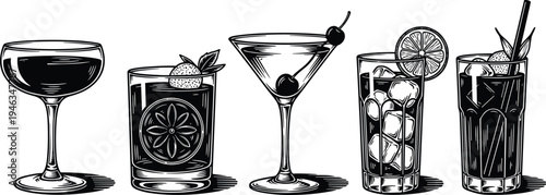 Cad drawing flat vector illustration of various cocktail glasses including martini, margarita, negroni, and highball drinks for bar menu design.