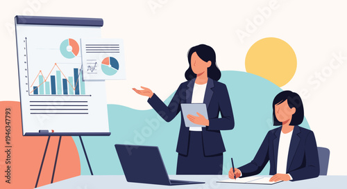 Two professional businesswomen conducting a corporate presentation using a flipchart with colorful data graphs and a laptop in an office.