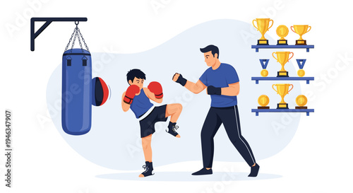 Young boy practicing kickboxing or martial arts with a trainer in a gym decorated with several trophies and medals on the wall shelves.