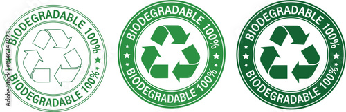 Set of green circular 100% biodegradable recycling symbols with universal arrows for eco-friendly packaging, environmental sustainability concepts, and organic waste management product branding.