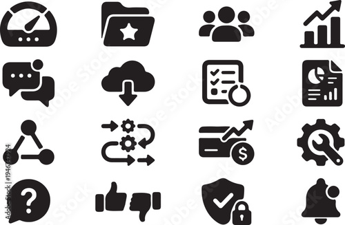 A collection of diverse black glyph icons representing data communication and business concepts on white high-quality professional detailed modern elegant