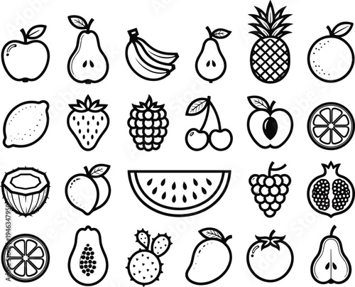 Collection of black and white fruit icons including apple pear banana pineapple orange strawberry cherry watermelon grapes and other tropical fruits for healthy food design