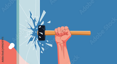 Powerful hand holding a hammer and breaking through a pane of glass representing the concept of shattering barriers or overcoming obstacles.