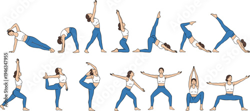 Comprehensive collection of flat vector illustrations featuring diverse female athletes practicing yoga poses, ballet dance movements, and rhythmic gymnastics exercises for health and fitness.