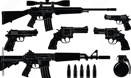 Collection of black weapon silhouettes including sniper rifles assault guns handguns revolvers ammunition bullets and a hand grenade for military tactical and defense concept design