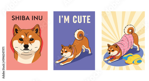Collection of cute Shiba Inu dog illustrations showing the popular breed in different poses like stretching and wearing a warm pink sweater.