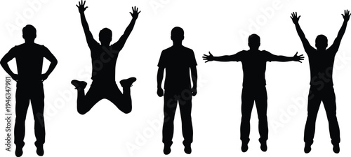 Happy jumping man silhouettes set, excited male poses collection, celebration gesture figures, black flat vector illustration isolated on white