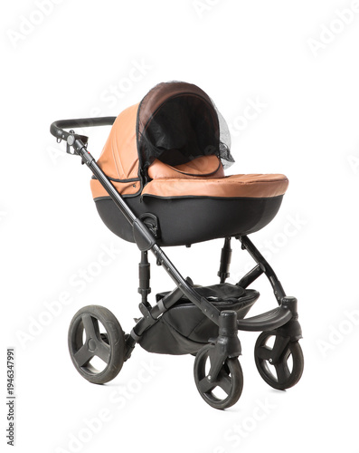 Stylish baby stroller on wh...