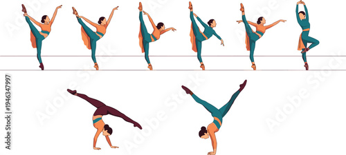 Diverse collection of graceful ballerinas and gymnasts performing dynamic dance poses, rhythmic stretches, and athletic handstands in colorful flat vector illustrations for creative design.