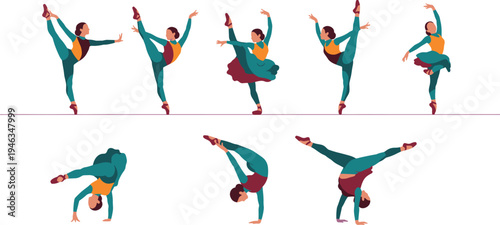 Collection of colorful flat vector illustrations featuring graceful ballerinas and rhythmic gymnasts in various dynamic dance poses and acrobatic stretches for creative artistic projects.