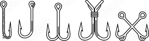 Set of fishing hooks vector illustration with single double and treble hook icons isolated on white background for angling equipment sports and hobby design