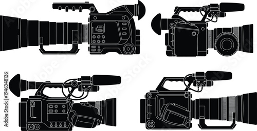 Black silhouette icons of professional video cameras including cinema cameras, television broadcast equipment, and digital camcorders with microphones isolated on a white background.