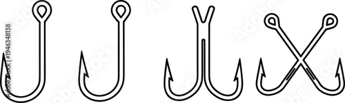 Set of fishing hooks vector illustration with single double and treble hook icons isolated on white background for angling equipment sports and hobby design