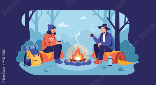 Happy couple sitting on logs by a warm campfire in a forest at night while drinking hot beverages and enjoying a camping adventure.