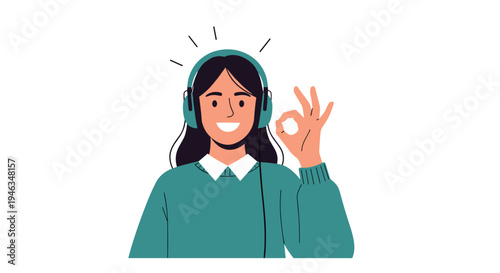 Smiling young woman wearing headphones and listening to music or a podcast while making a positive okay hand gesture on a white background.