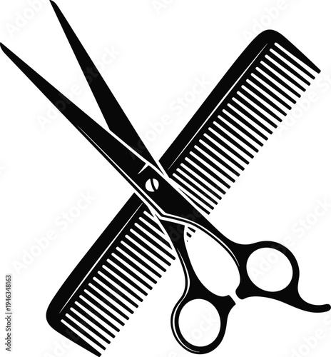 Professional barber shop tools vector illustration of crossed scissors and hair comb isolated on white background for salon branding hairdressing services and beauty logo