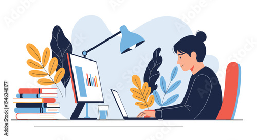 Dedicated woman working on her laptop at a home office desk surrounded by books, plants, and a lamp in a cozy and productive environment.