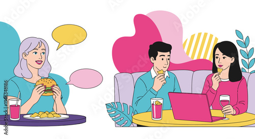 Friends enjoying meal together with one eating burger while others share snacks and use laptop in colorful cartoon style.
