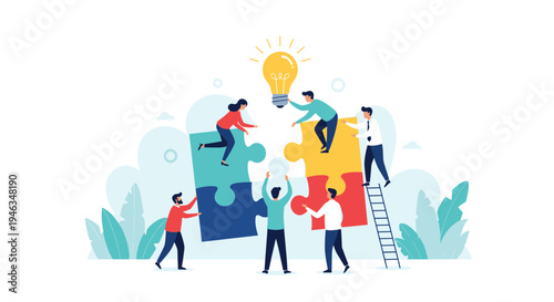 Diverse team of professionals works together to assemble giant light bulb puzzle pieces for creative problem solving.