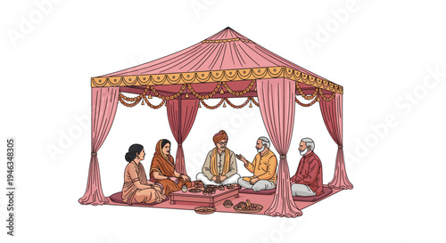 Group of Indian people in traditional attire sits under a decorated pink canopy for a cultural ceremony or wedding event.