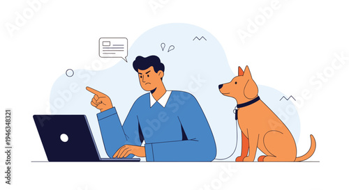 Frustrated man works on laptop while his loyal dog sits patiently behind him illustrating home office challenges and pets.