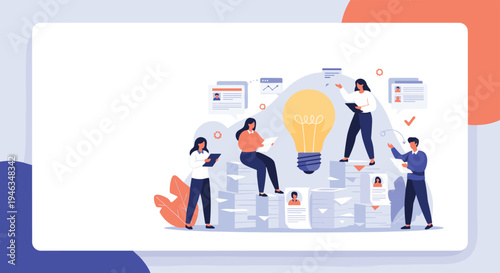 Human resources management concept featuring professionals reviewing resumes near giant light bulb for creative hiring.