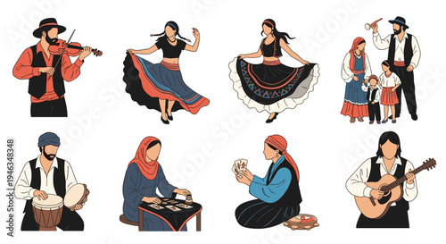 Set of people in traditional ethnic costumes performing folk dances playing music and telling fortunes in vintage style.