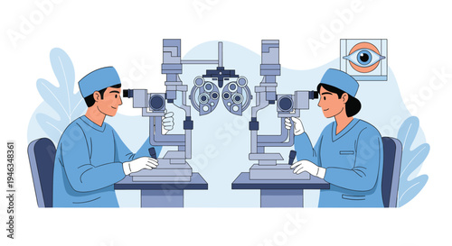 Optometrists or eye doctors work with advanced ophthalmic equipment to provide vision care and eye exams for patients.